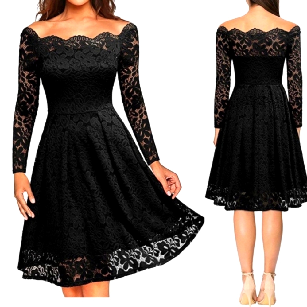 MISSMAY Womens Vintage Floral Lace Long Sleeve Boat Neck Cocktail dress
